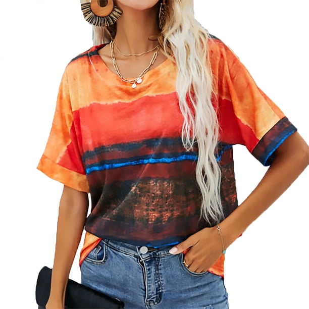 Camiseta de manga corta para mujer, informal, holgada, con estampado a rayas, cuello redondo, ligera y transpirable
