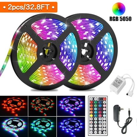 16.4/32.8ft Flexible LED Lights Strip Kit, Waterproof 3528/5050 RGB Tape Strips Light, 44 Keys IR Remote Controller +12V Power Supply,...