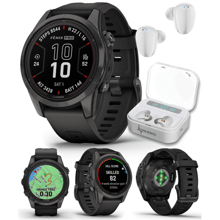 Garmin fenix 7S Pro Solar Sapphire 42 mm Multisport GPS Smartwatch, Carbon Gray DLC Titanium, Black with Wearable4U White EarBuds Bundle