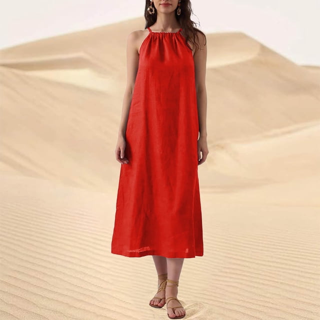 Robe Sans Manches pour Femmes, Texture Coton Lin Col Licou, Coupe Ample Décontractée Robe d'Été, Douce et Respirante
