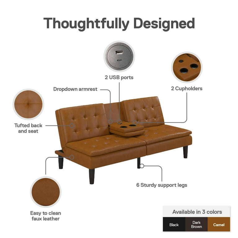 Mainstays Memory Foam Futon with Cupholders and USB Camel Faux Leather Walmart