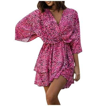 

Geyes Sexy Women Dress Summer Fashion Solid Color Printed V Neck Tie Doll Sleeve Half Sleeve Dress Casual Loose Pajama Dress