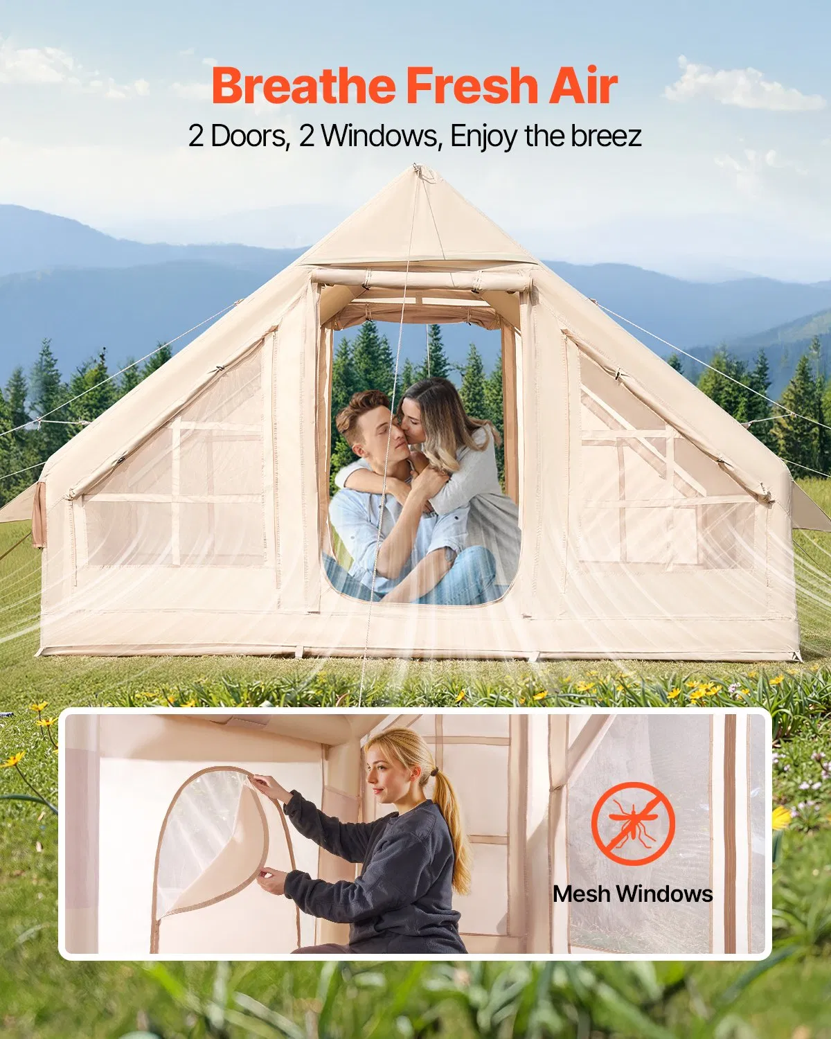Inflatable camping tent, with manual pump, 300D Oxford fabric, with stove socket, 2 doors and 2 mesh windows, equipped with storage bag, easy to carry, suitable for outdoor camping