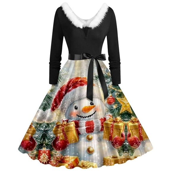 Christmas Dresses for Women 2025 Christmas Party Dresses Women's Autumn And Winter Christmas Print V Neck Long Sleeve Lace Up Retro Casual Dress