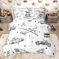 Homewish Cartoon Airplane Motorcycle 7pcs Bedding Comforter Set,Extreme Sport Queen Bedding Sets,White Gray Queen Sheet Sets For Boys Kids,Super Cozy Room Decor Reversible