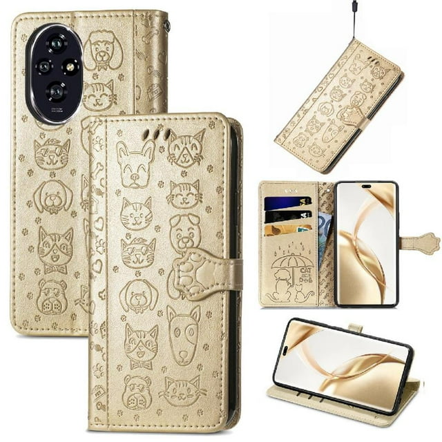 Funda Cartera FOXDOCK para Honor 200 Pro , Flip PU con Relieve de Gatos y Perros, Tarjetero y Soporte
