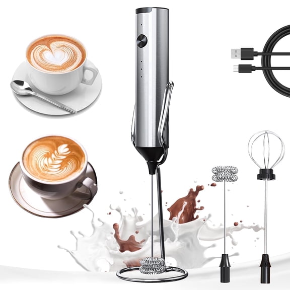 YARRAMATE Stainless Steel Rechargeable Electric Milk Frother with Stand for Coffee, 3-Speed 2 Whisks Handheld Drink Mixer