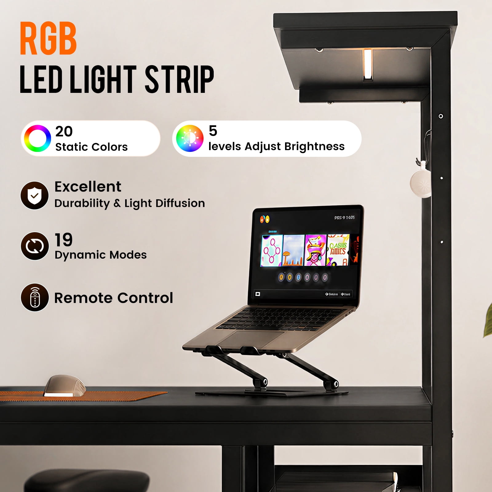 CLOUDREST PRO 44-Inch Computer Desk with LED Lights and 4-Tier Storage Shelves, Black