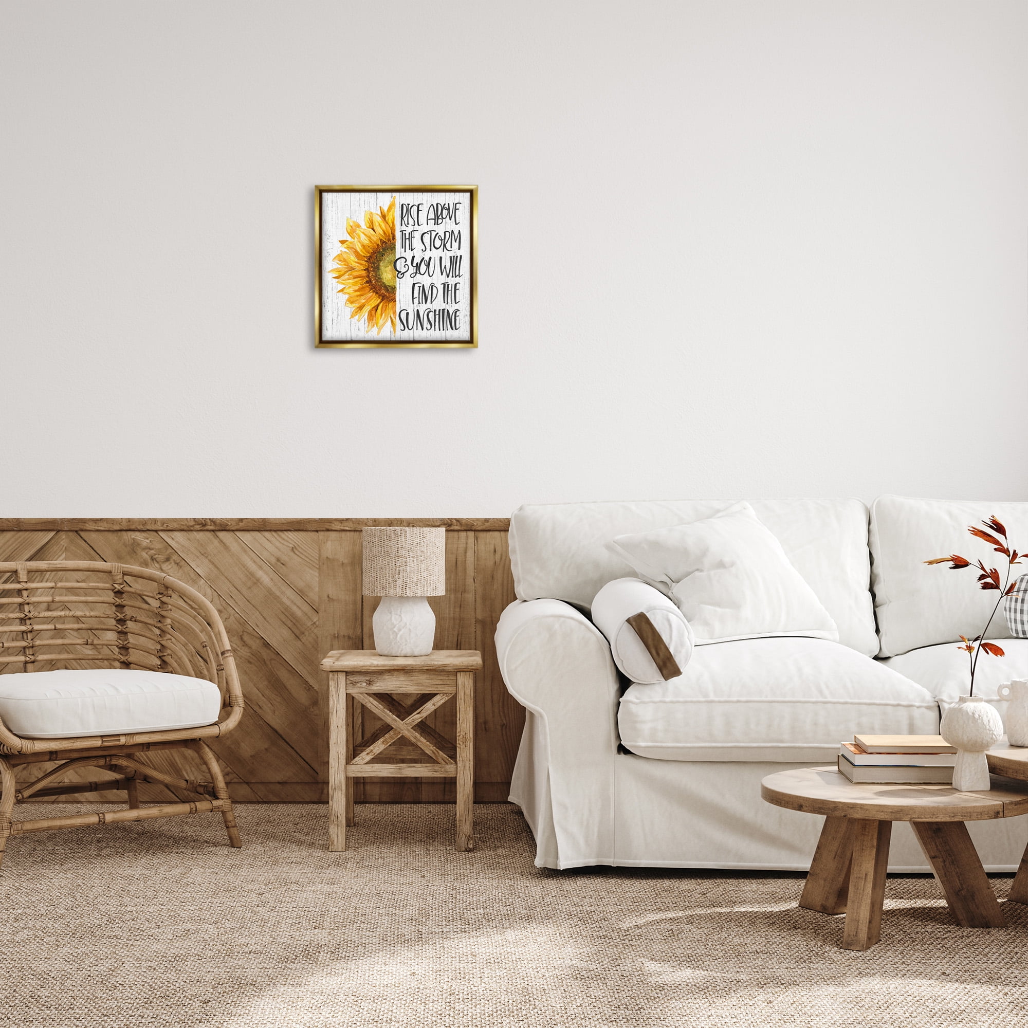 Stupell Industries Find Sunshine Motivational Sunflower Botanical & Floral Painting Gold Floater Framed Canvas Art Print Wall Art, 18 x 18