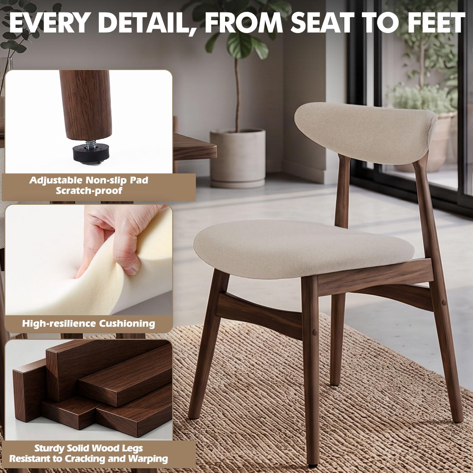 Upholstered Dining Chairs Set of 2, Lumbar-Ergonomic Backrest Chairs with Adjustable Foot Pads