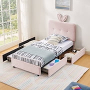 Twin Kids Bed with LED Lights and 4 Storage Drawers, Upholstered Boucle Bed Frame with Rabbit Ear Headboard, Platform Bed for Girls Boys Bedroom, Pink