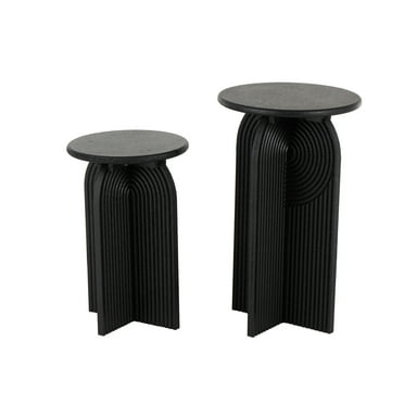 DecMode 14" x 24" Black Wood Sandstone Carved Art Deco Arched Pedestal Geometric Accent Table, 2-Pieces