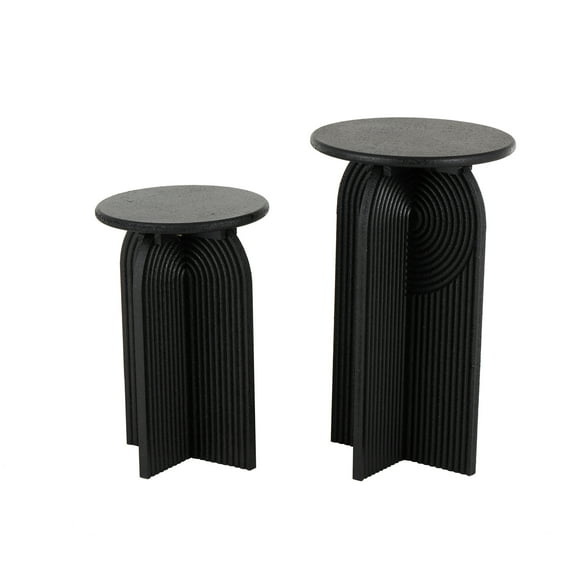DecMode 11" x 18" Black Wood Sandstone Carved Art Deco Arched Pedestal Geometric Accent Table, 2-Pieces