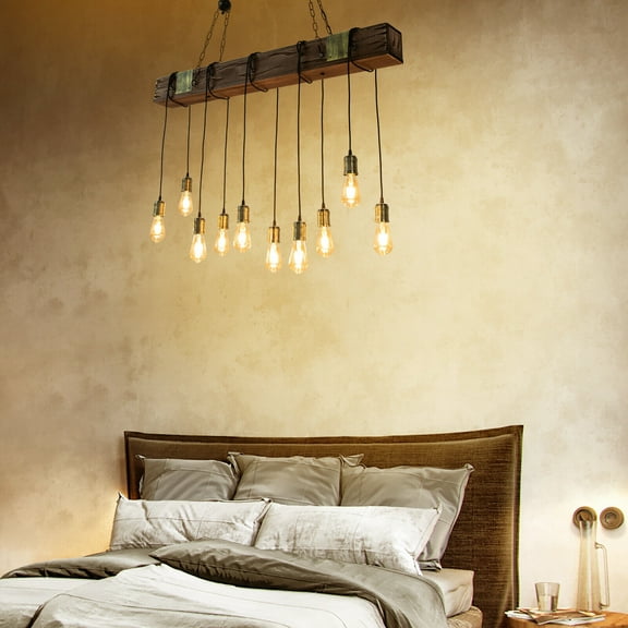 10 Lights Pendant Farmhouse Chandelier Fixture Lighting Wooden Ceiling Light Hanging Lamp
