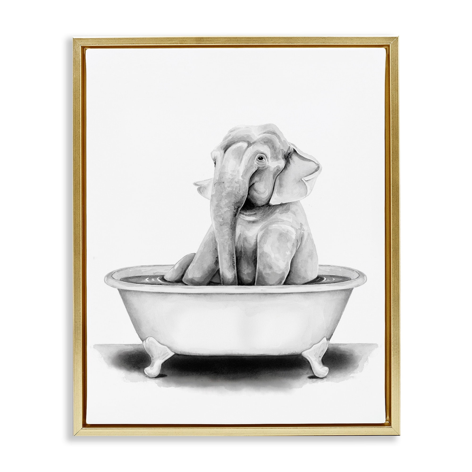Stupell Industries Elephant In A Tub Funny Animal Bathroom Drawing Metallic Gold Framed Floating Canvas Wall Art, 16x20, by Rachel Neiman