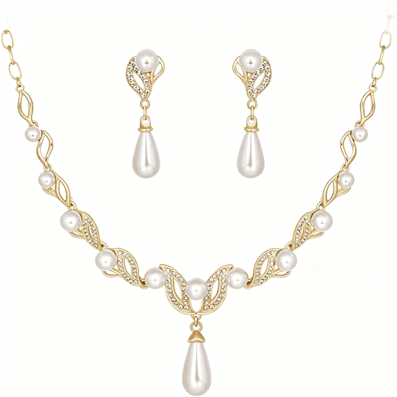 DESIGNICE Waterdrop Pearl Necklace Earring Set Leaf Necklace Earrings Set Bridal Cubic Zirconia Jewelry Sets White Simulated Pearl Leaf Vine Pendant Wedding Party Necklace Earrings