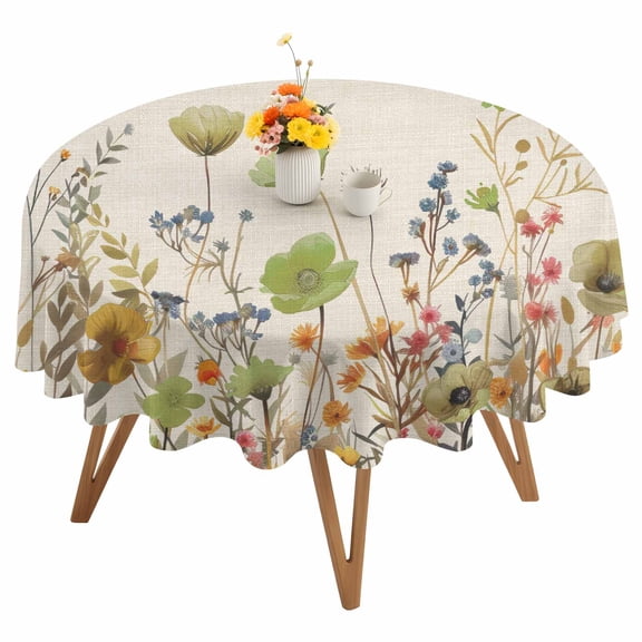 Green Flowers Round Tablecloth 54 inches Plants Watercolor Floral Retro Linen Waterproof Oil-Proof Table Cloth Round Table Cover for Holiday Party Picnic Dinner Decor Indoor and Outdoor Use