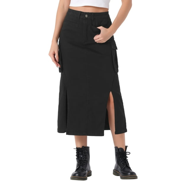 Falda Cargo de Denim INSPIRE CHIC para Mujeres, Falda Midi de Jean con Corte en la Parte Inferior y Bolsillo, Color Negro
