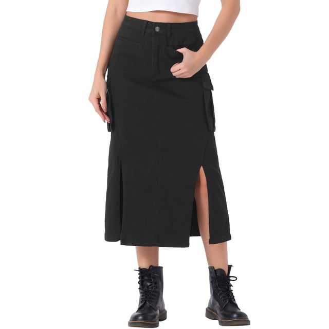 Falda Cargo de Denim INSPIRE CHIC para Mujeres, Falda Midi de Jean con Corte en la Parte Inferior y Bolsillo, Color Negro