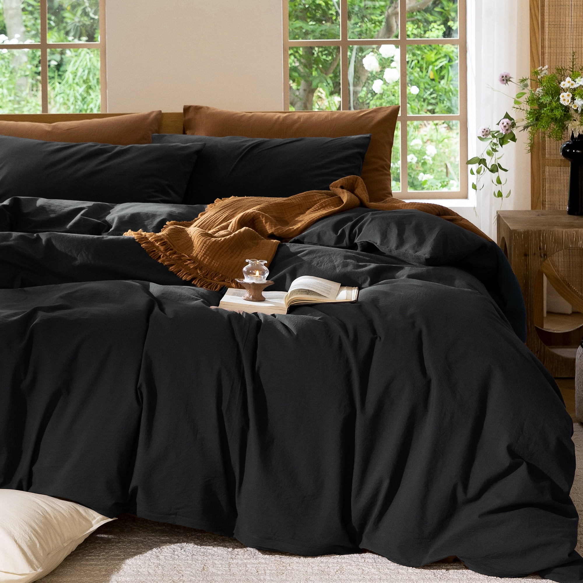 MooMee Duvet Cover Set Full 100% Washed CottonLinen Like Textured Breathable 3-Piece (Black, 80"x90")