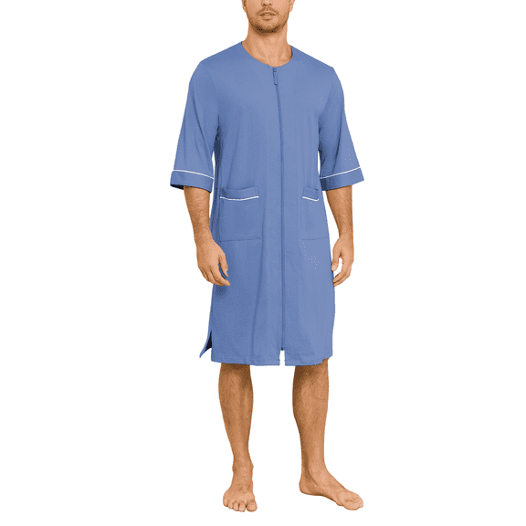 MAYFISH Men's Cotton Robe Short Sleeve Lightweight Summer Bathrobes for Men Zip up House Coat with Pockets(Blue,Large )
