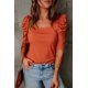 thumbnail image 2 of ABPHQTO Top de canalé con cuello cuadrado y manga abullonada naranja para mujer, 2 of 5