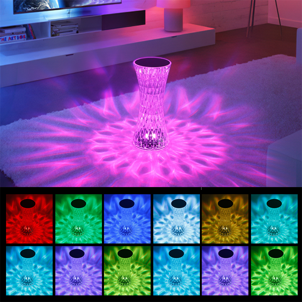 Lampe de table en cristal diamant élevé, 16 couleurs Type-c Usb