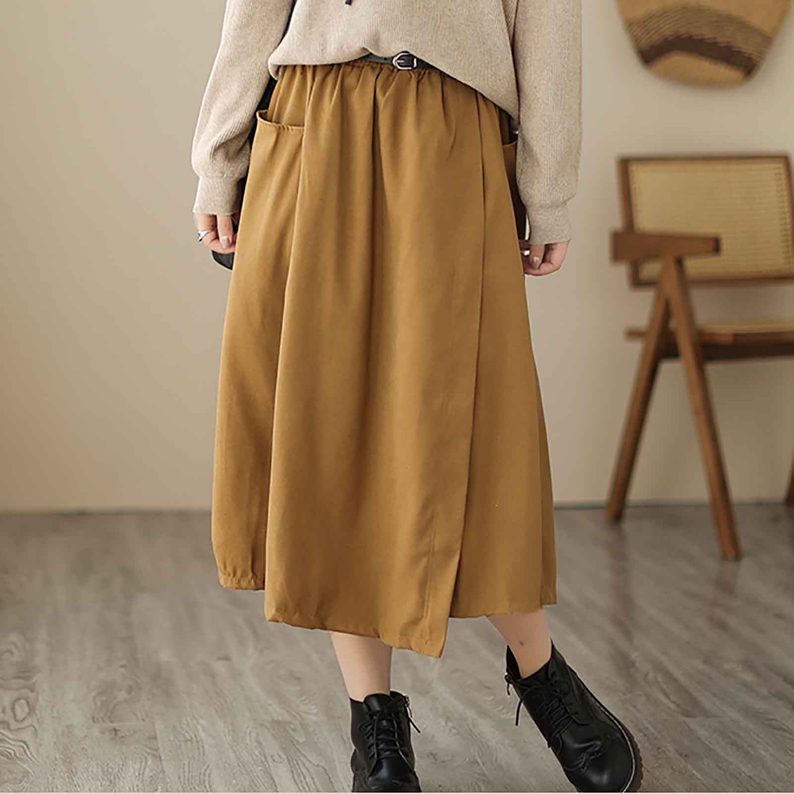 Cavosen A Line Skirts for Women Midi Calf Length Skirts Flowy Buckle Swing Skirts Solid Color Pencil Skirts Waistband Belt Swing Dress Athletic Beachwear Resortwear Yellow