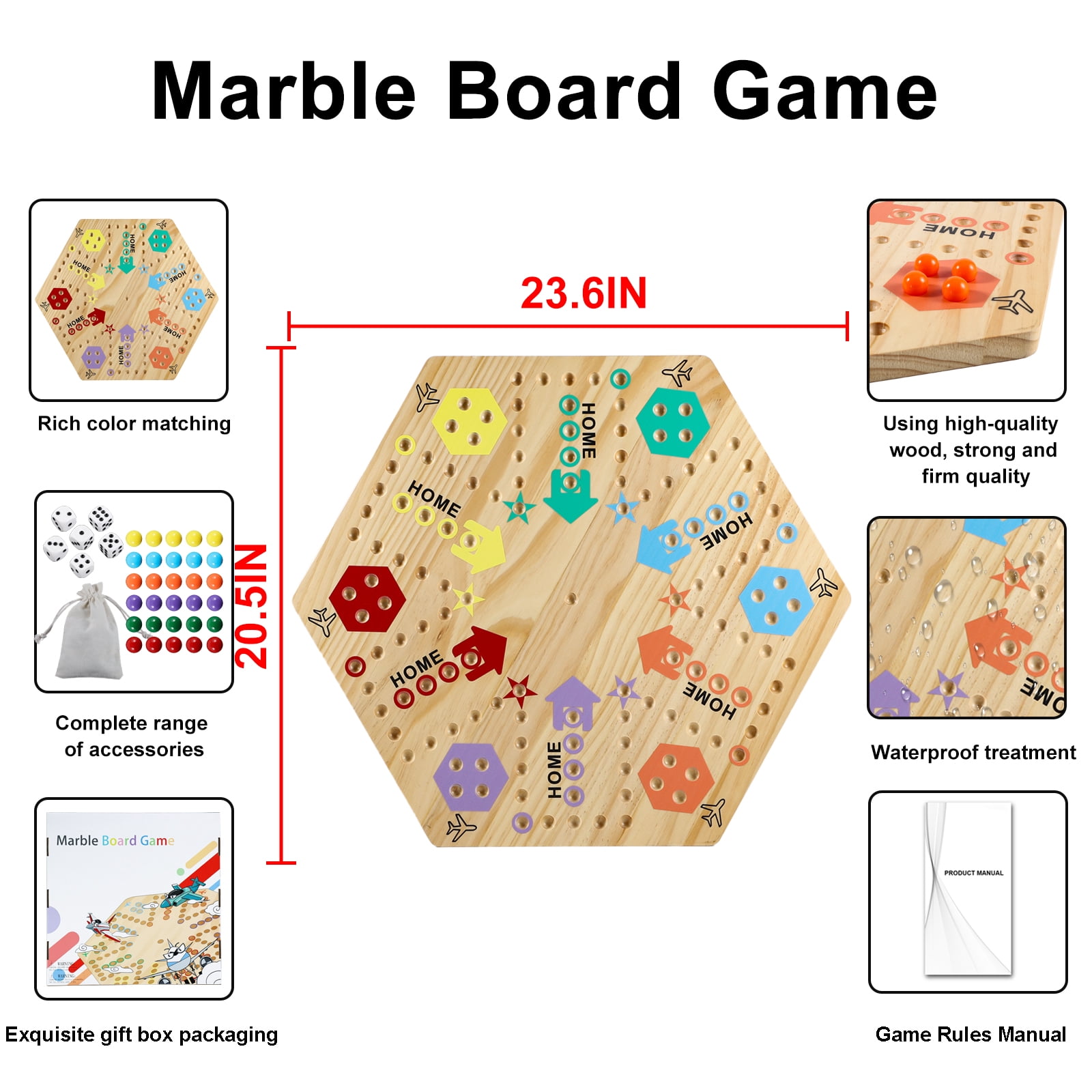 Extra Large 23.6 Inches Wahoo Marble Board Game 4 and 6 Players 2 Sided Painted Thicken Wood Board Perfect Game for Family Friends Party