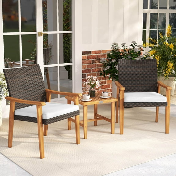 Costway 3 PCS Patio PE Wicker Furniture Set with Coffee Table and Cushions for Front Porch