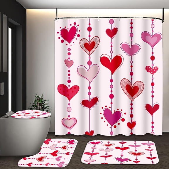 4PCS Pink Love Valentine's Day Shower Curtain Set,Bath Mat Rug,Toilet U-Shape Mat,Toilet Lid Cover,with 12 Hooks,Waterproof Fabric Bathroom Accessories Home Decor (4Pcs Full Sets(red))