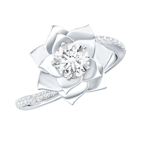 Rosec Jewels Certified 5mm Lab Grown Diamond Lotus Flower Engagement Ring - EF-VS Quality, 925 Sterling Silver, US 4.00
