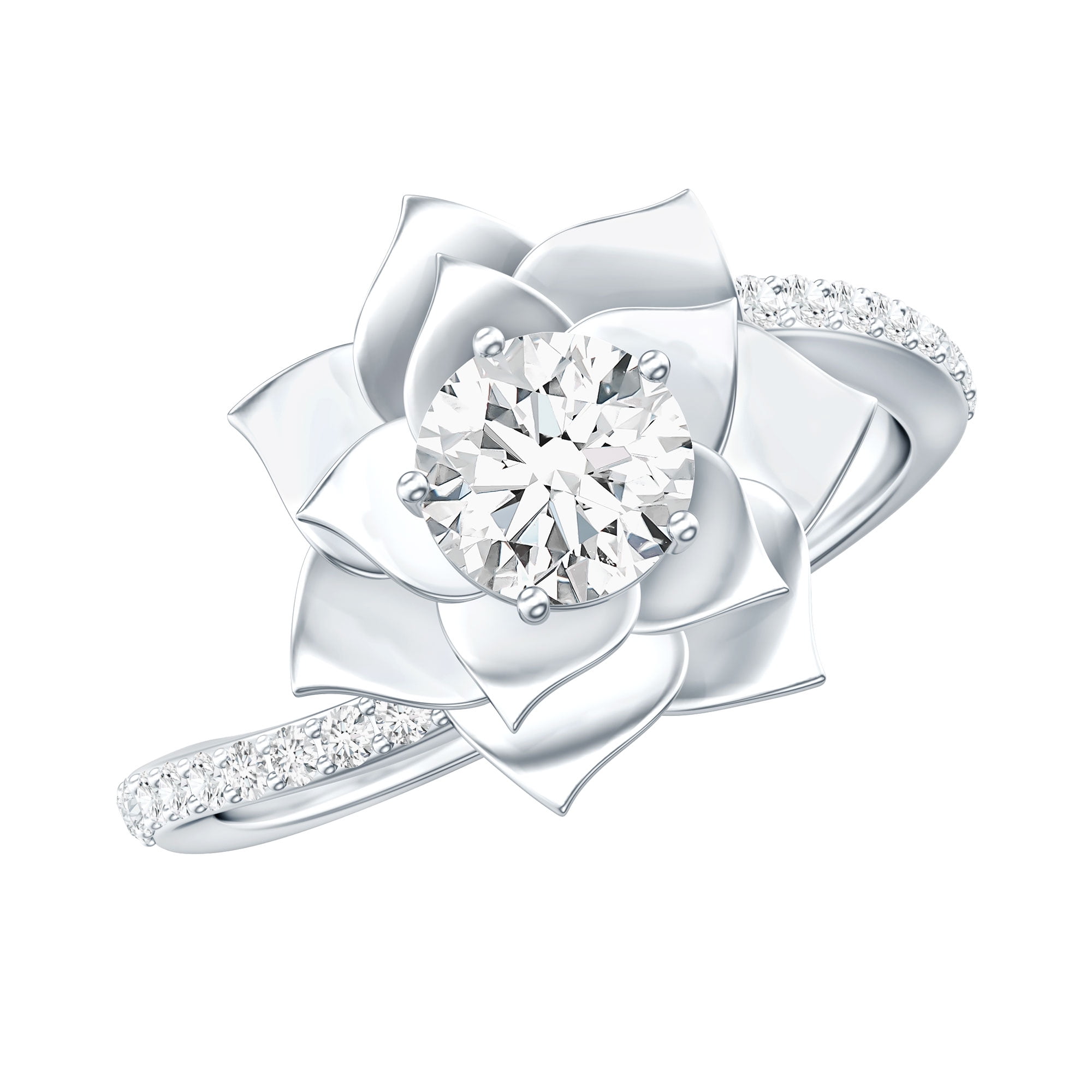 Certified Lab Grown Diamond Lotus Flower Engagement Ring - EF-VS Quality, 925 Sterling Silver, US 4.00