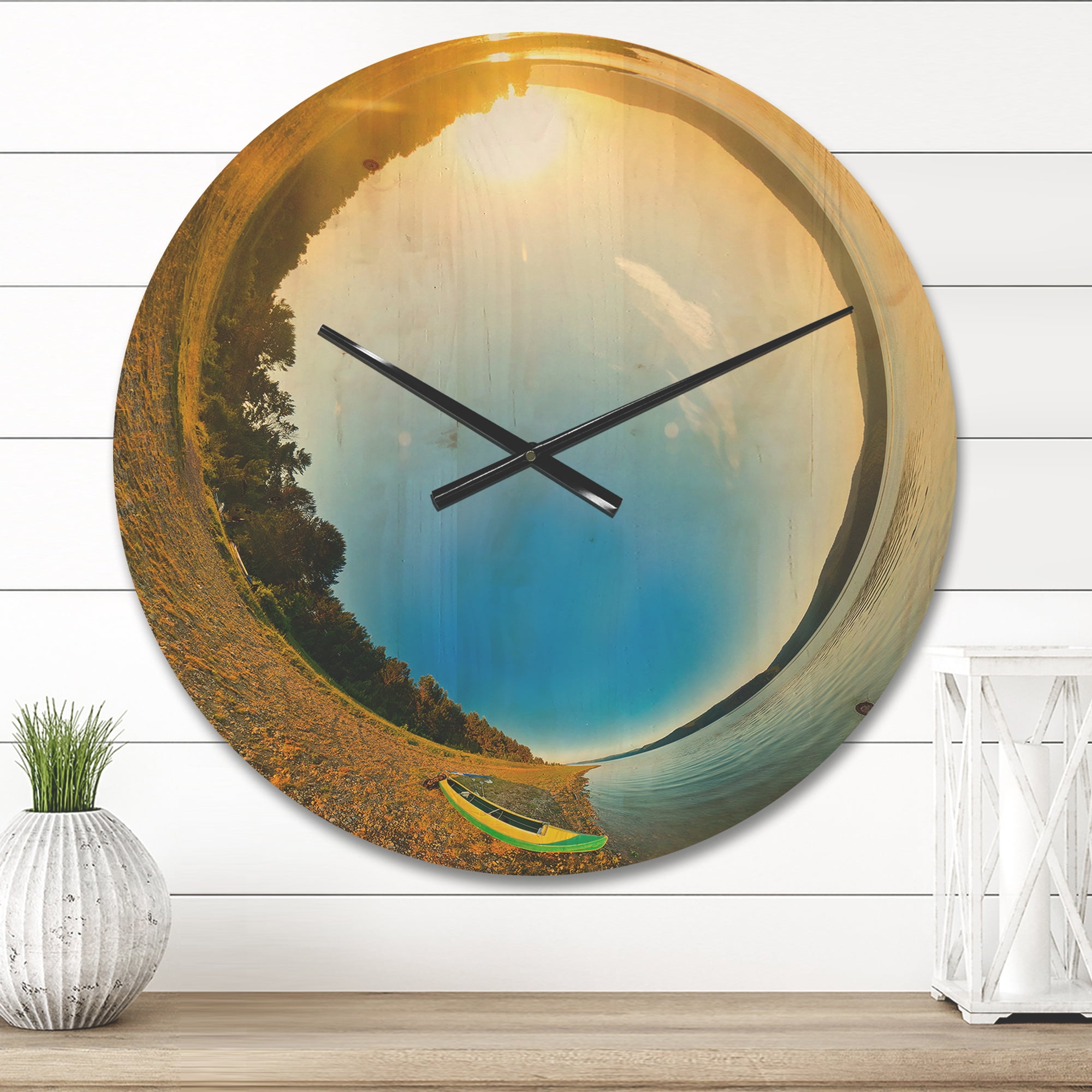 Designart 'Kayak At River Bank Little Planet ' Modern Wood Wall Clock