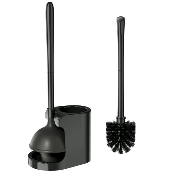 XUEYU 2-in-1 Toilet Bowl Brush Plunger Set with Extended Handle, Toilet Brush Bristle Plunger Combo, Bathroom Cleaning Tools Combo with Caddy Stand, 1 Set, Black