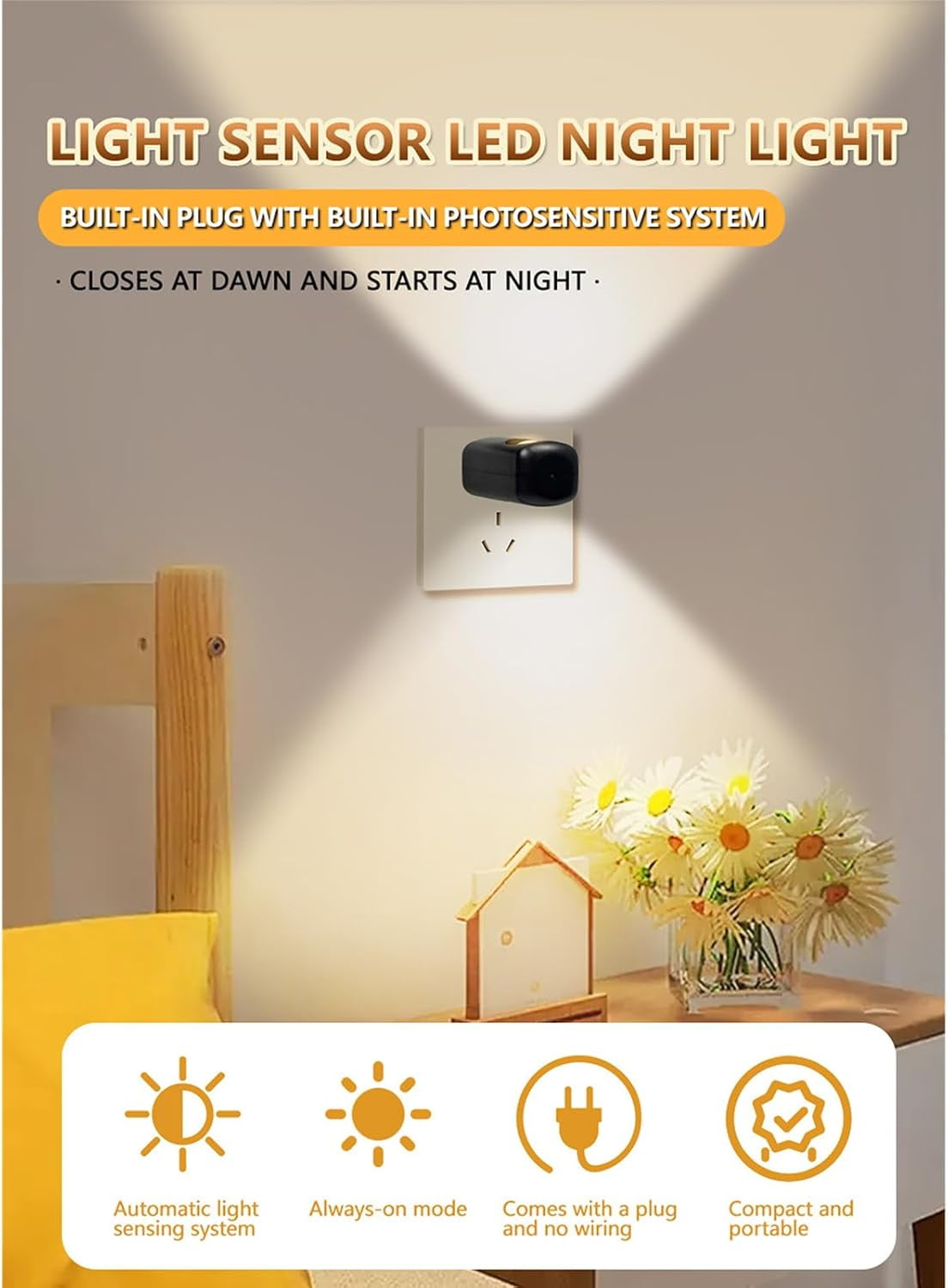 LED Wall Socket Night Light, 6-Pack Dusk to Dawn Sensor NightLight, 0.5W Warm White Plug-in Outlet Light for Bedroom, Hallway, Nursery