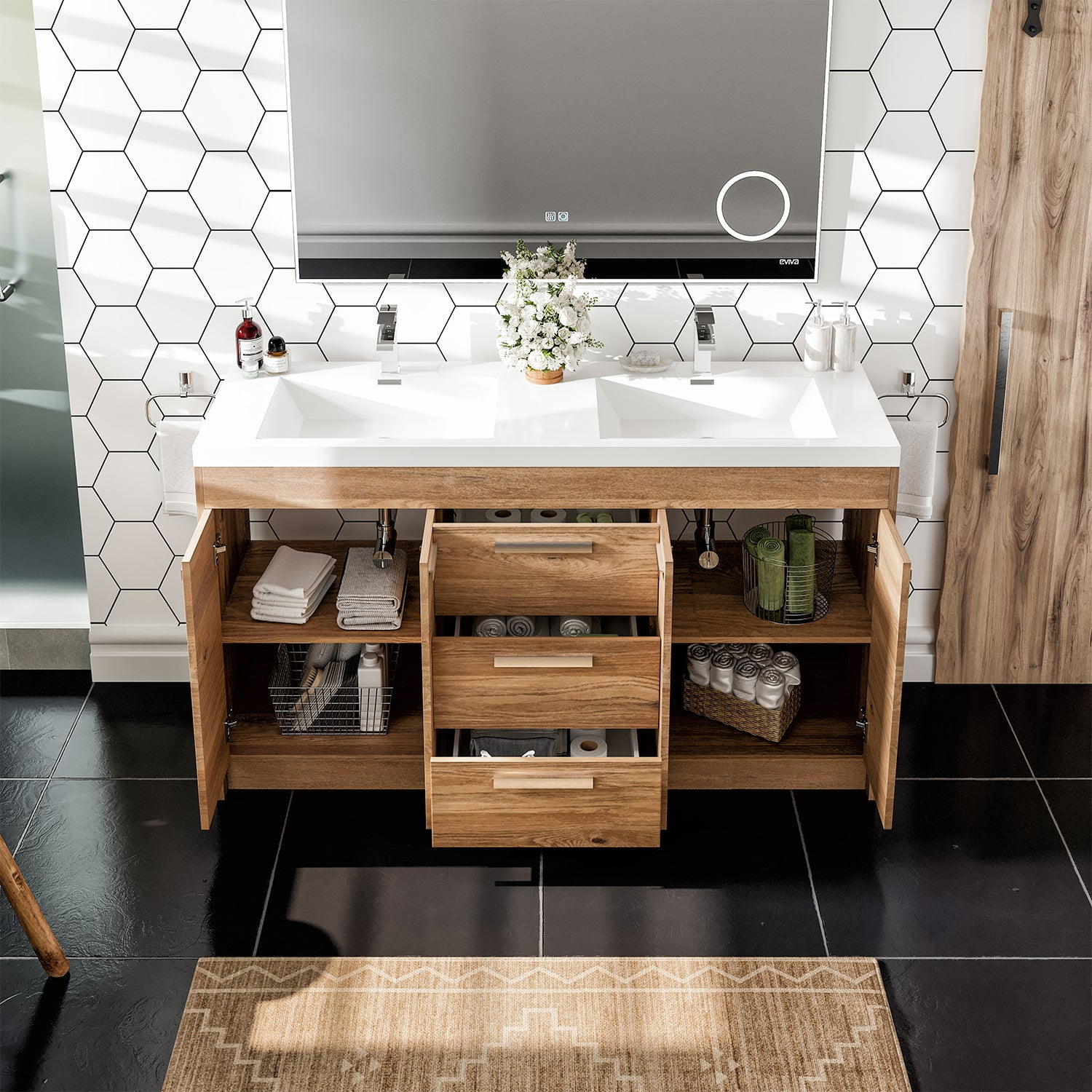 Eviva Lugano 60" Natural Oak Modern Double Sink Bathroom Vanity w/ White Integrated Top
