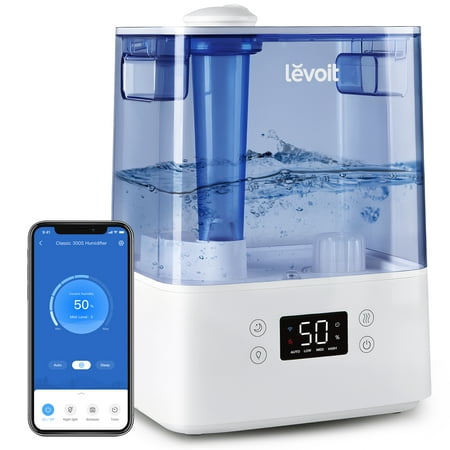 Levoit Cool Mist Humidifier for Room  6L for Large Rooms  Bedrooms  Smart Top Fill Ultrasonic Vaporizer  with Built-in Humidity Sensor  Automatic Shut-off Essential Oil Tray  Classic 300S Gray