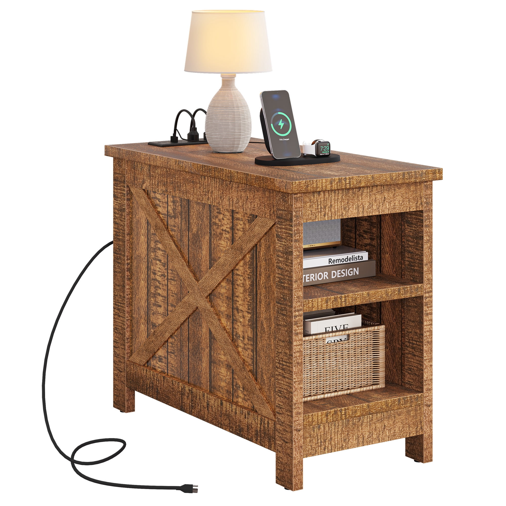 Uforic End Table with Charging Station, Farmhouse Nightstad Side Table, Brown