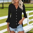 thumbnail image 4 of Craaazy Women's Relaxed Fit V Neck Blouse, Solid Color 3/4 Sleeve Flare Cuff Top, Loose Comfy Button Accent Casual Tee for Spring & Summer Gifts, 4 of 7