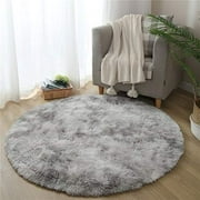 Leesentec Fluffy Soft Round Area Rug Indoor Modern Shaggy Anti-Skid Carpet for Bedroom Living Room Anti-Skid Small Rugs for Kids Room (Grey White, 140cm)