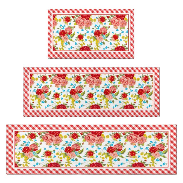 Flower Kitchen Mat Sets 3 Piece Farmhouse Anti Fatigue Waterproof Stain Resistant Floor Rug Non Slip Pioneer Flower Woman Kitchen Accessories Laundry Room Rug - 17x29 and 17x47 and 59x17 Inch