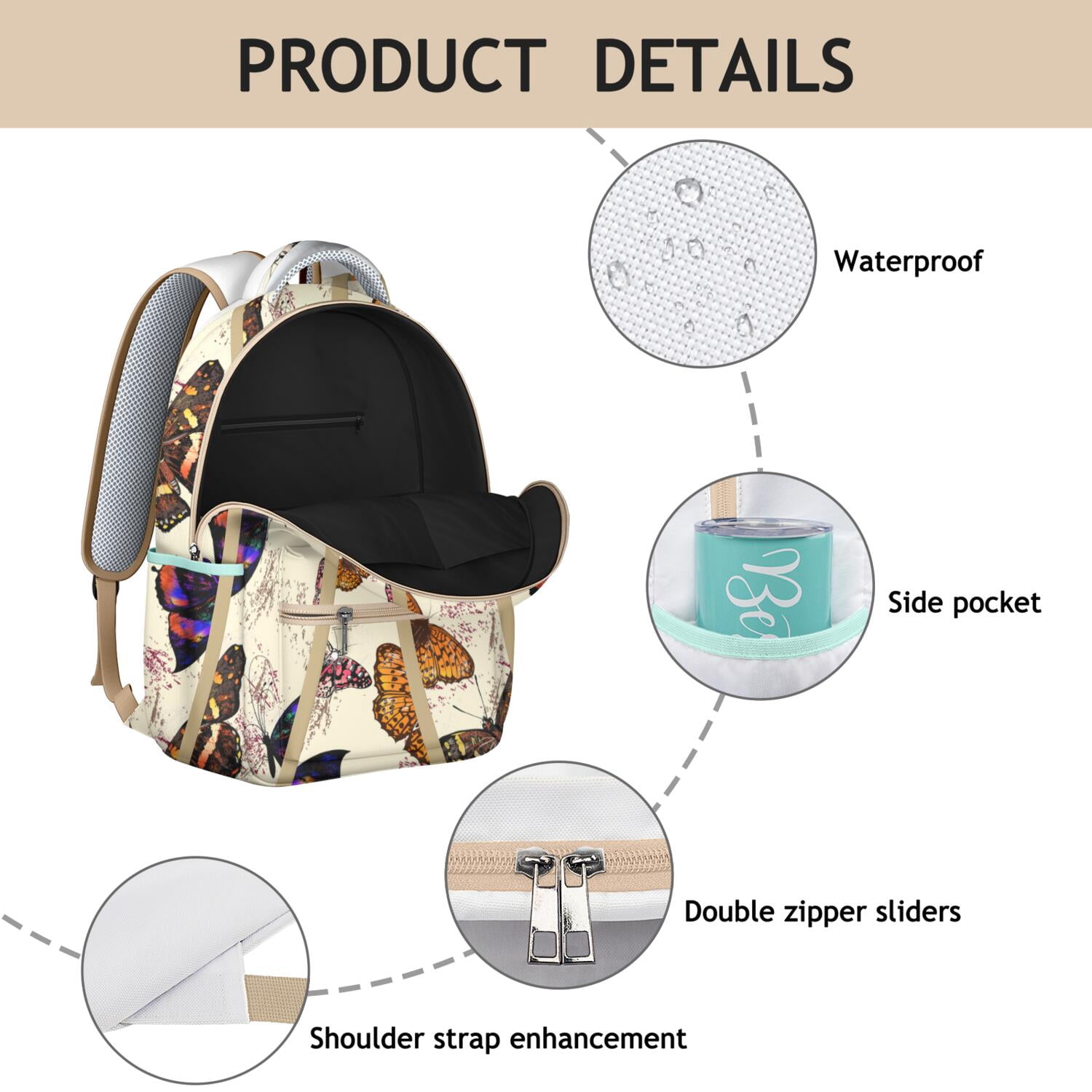 "Stylish Butterfly Design College Backpack - Roomy School Bookbag with 15 Inch Laptop Pocket, Water-Resistant, Trendy Bag for Women Students"