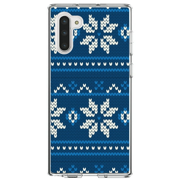 DistinctInk Clear Shockproof Hybrid Case for Samsung Galaxy Note 10 (6.3" Screen) - TPU Bumper, Acrylic Back, Tempered Glass Screen Protector - Blue White Ugly Hannukah Sweater