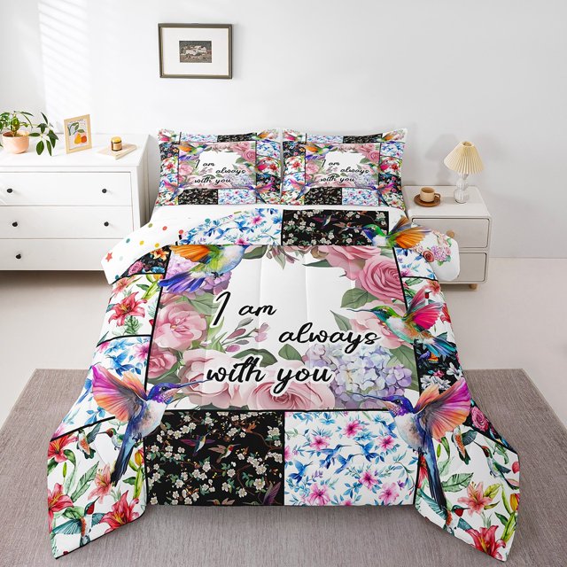 Erosebridal Cartoon Hummingbird Bedding Sets Queen with Comforter, Flower Floral Patchwork Duvet Insert, REversible 3 Pieces, Microfiber
