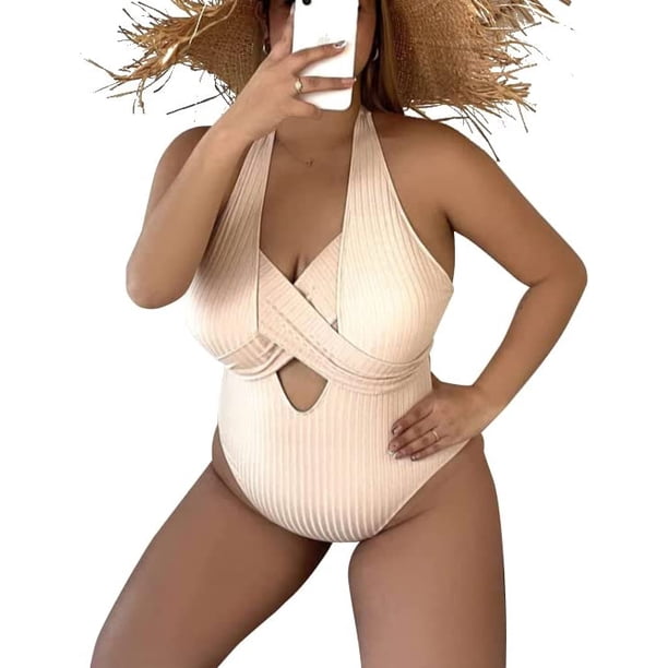 Sexy Mujer Talla Extra Halter Traje de baño de Cuerpo Entero V Cuello Traje de baño de Buceo con Traje de baño Cruzado Blanco 3XL Blanco 3XL Xishao ropa
