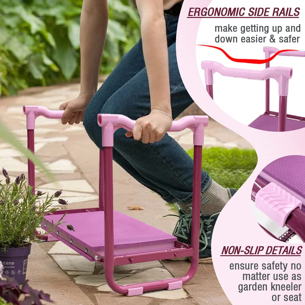 Colwelt Folding Garden Kneeler, Portable Garden Kneeler Seat Bench with Tool Pouch and Gloves, Garden Kneeler Stool with Rugged & Sturdy Steel Frame(Purple)