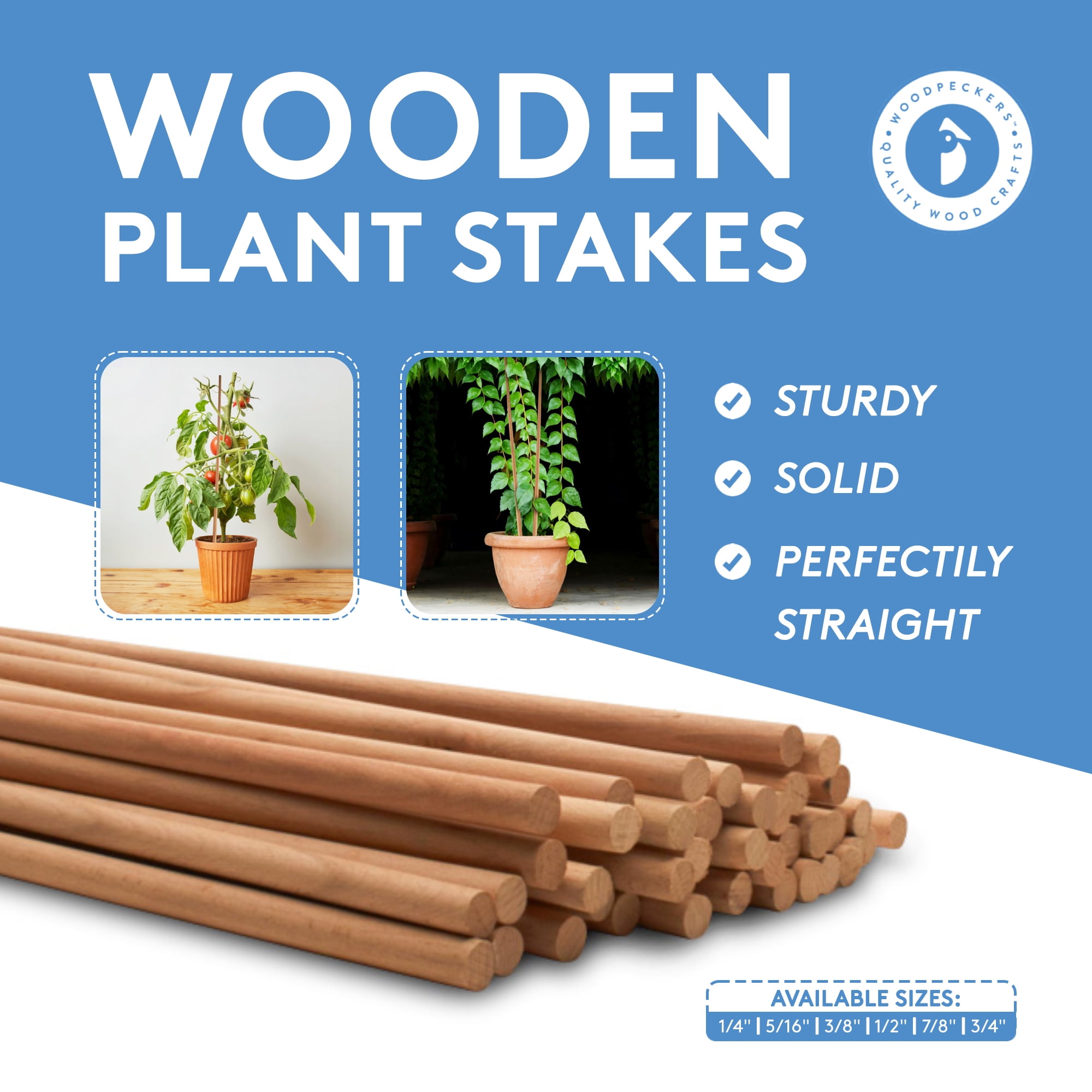 Wood Garden Stakes 3ft x 5/16 inch, Pack of 10 Beachwood Tomato Stakes Sturdier Than Cages for Garden Plant Support, by Woodpeckers