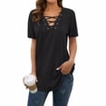 thumbnail image 2 of Camiseta de mujer con cuello en V con cordones en la parte superior de manga corta blusa suelta causal, negro, L Inevent AP001631-03, 2 of 7