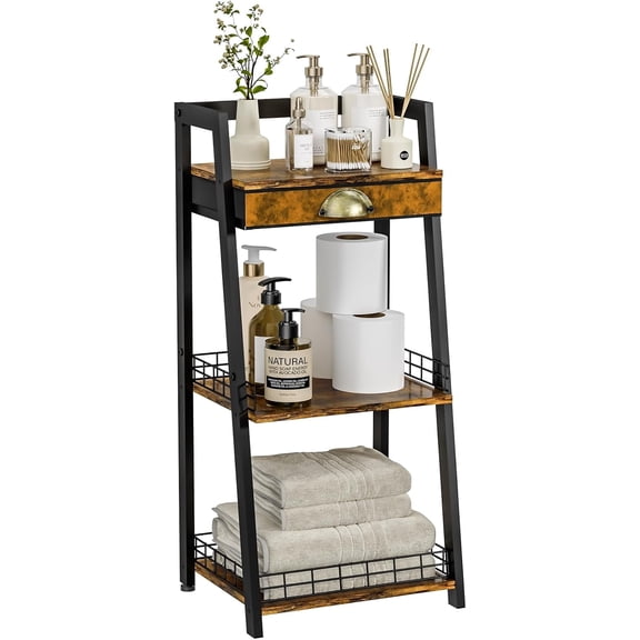 X-COSRACK 3-Tier Bathroom Storage Shelf with Canvas Drawer, Small Freestanding Floor Stand Rack with Protective Fences, Rustic Brown Ladder Bookshelf for Living Room & Bedroom Spaces